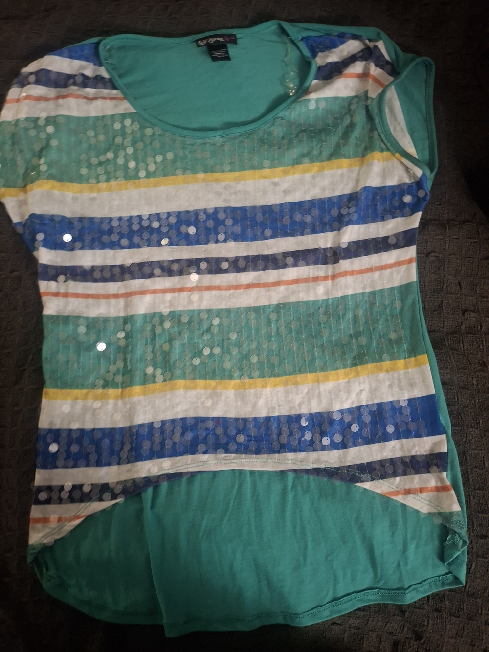 Self Esteem Teal Striped Sequin Short Sleeve Tee